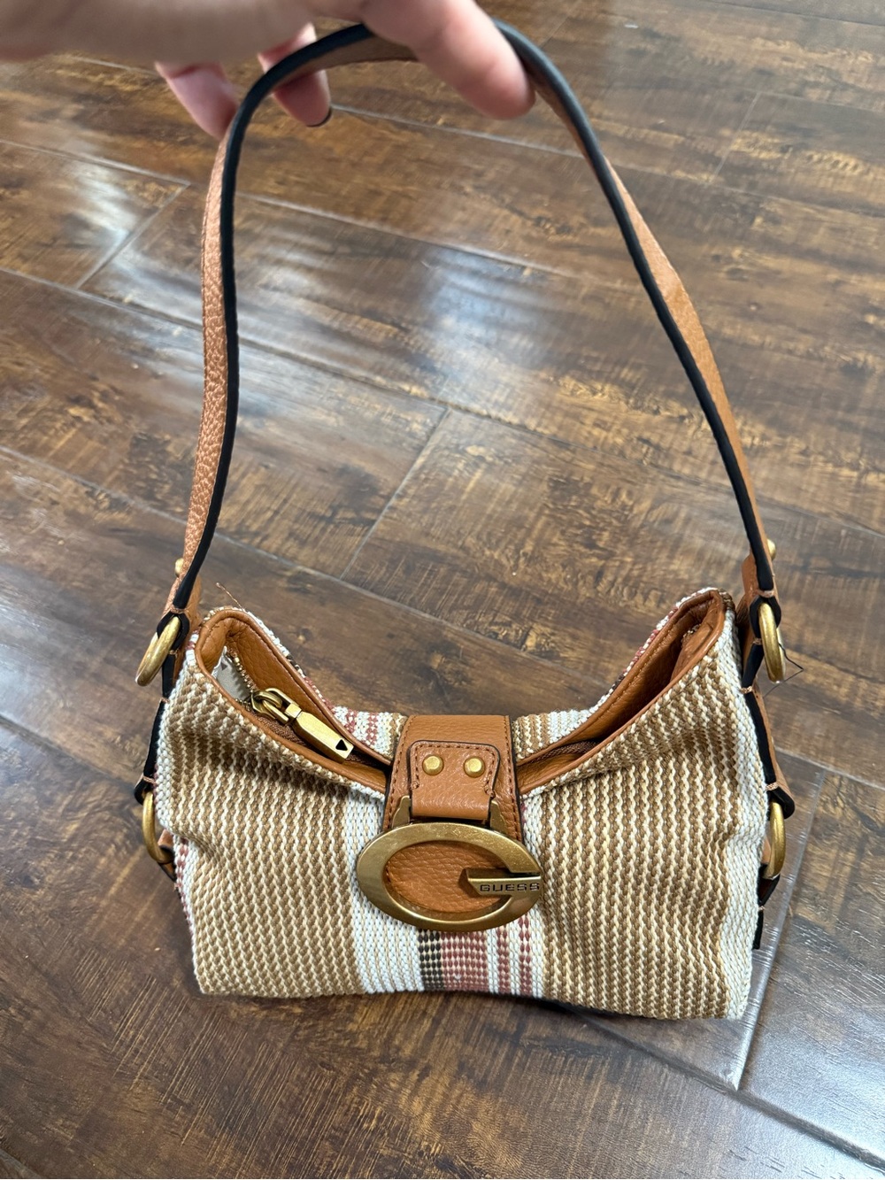 Guess Camden Mini Shoulder Bag Beige and Tan Woven with Gold Accent